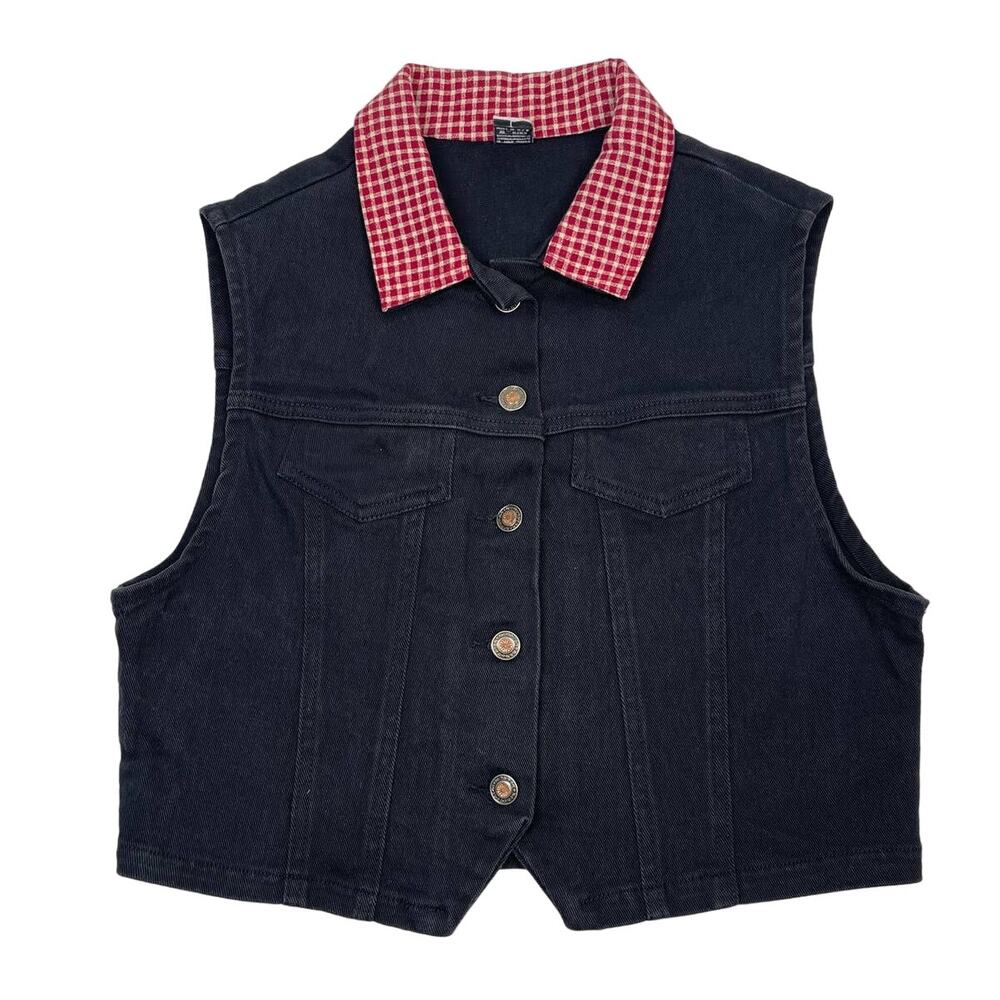 VTG Christmas Black Denim‎ Red Check Collar Patch Snowman & Tree Back Vest Large